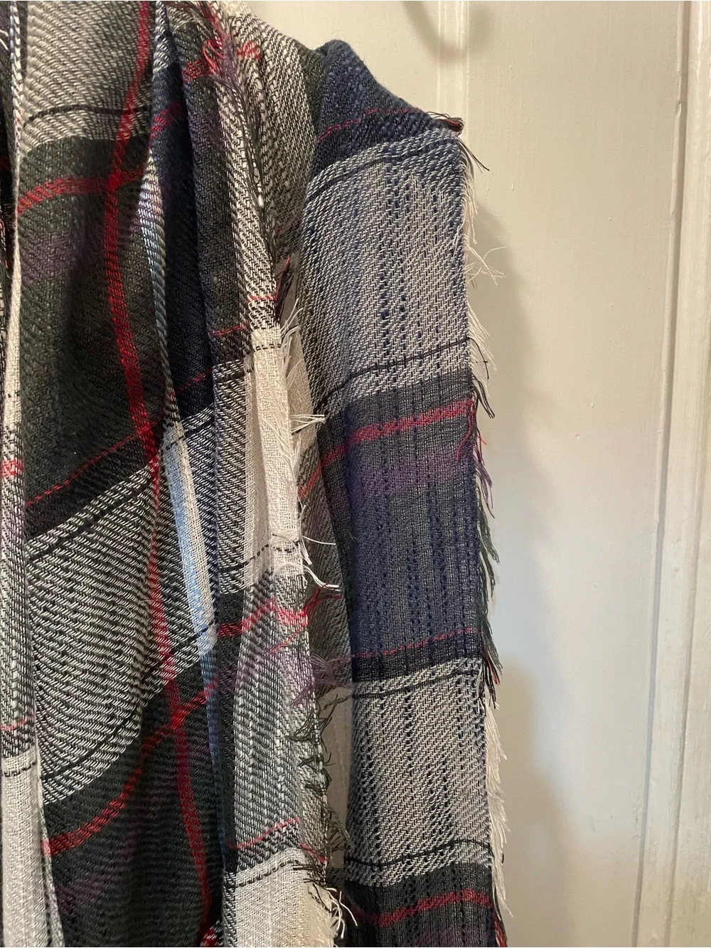 Steve Madden Plaid Frayed Edge Scarf in Navy, White, Black